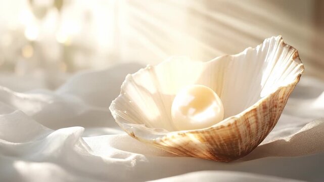 Luminous pearl rests within an open seashell, bathed in soft, ethereal sunlight, nestled on draped, flowing fabric, representing preciousness and natural beauty.