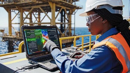 Female engineer analyzing data on offshore rig, focused on technology and safety, vibrant ocean backdrop conveying innovation and sustainability - Powered by Adobe
