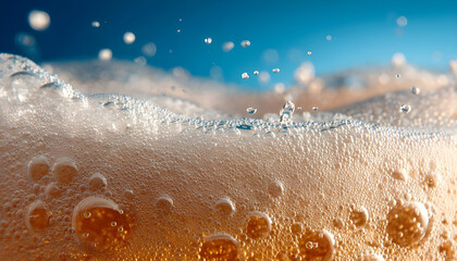 Macro closeup of beer foam and bubbles texture pouring out the glass mug. Concept of freshness, detail, and energy for drink branding, bar promotions, and craft visuals