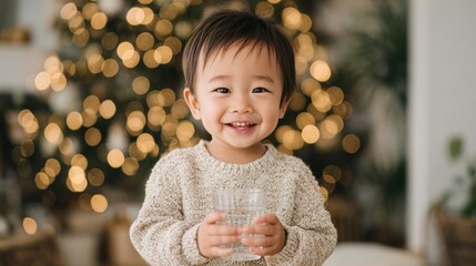 Beautiful family smiling, happy and confident: toddler standing holding cup of water speaking at home celebrating Christmas