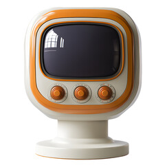 Vintage orange and white retro television with dark screen three knobs transparent background