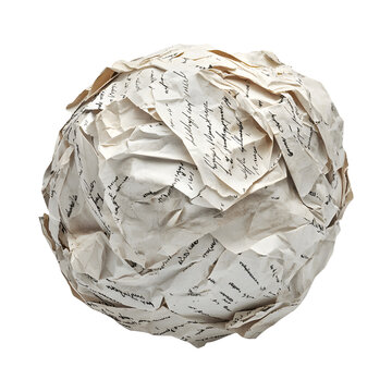 Crumpled sphere of aged handwritten paper with vintage script text Isolated