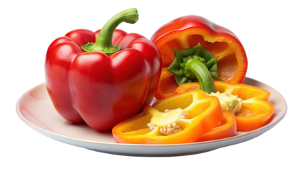 Vibrant red bell peppers whole and sliced on a plate isolated on transparent background