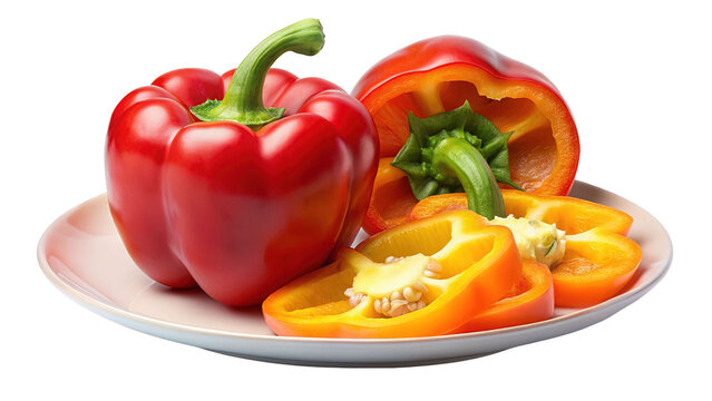 Vibrant red bell peppers whole and sliced on a plate isolated on transparent background