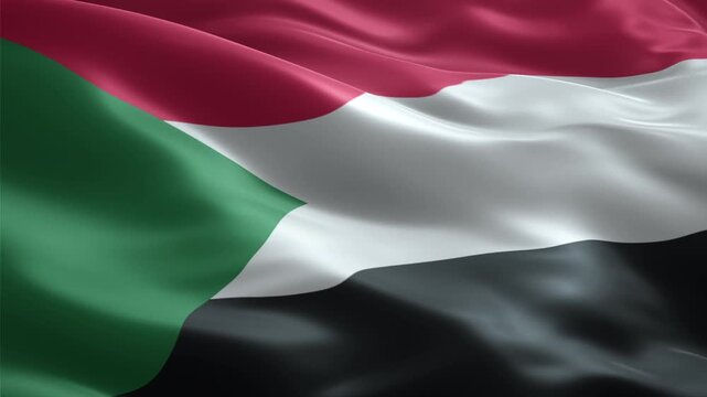 A vibrant, close-up shot of the national flag of Sudan waving gracefully in the wind, showcasing its red, white, black, and green colors.