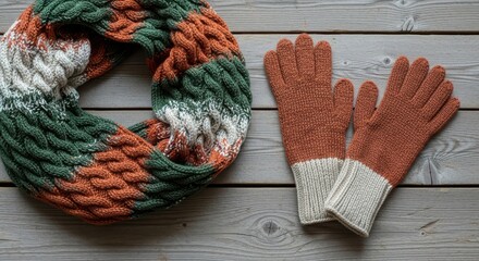 Colorful Knitted Scarf and Gloves on Wooden Background