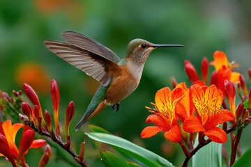 Fototapeta premium A beautiful Rufous-tailed hummingbird flying near vibrant orange flowers, showcasing its iridescent plumage and delicate wings in a lush green environment, creating a stunning natural composition.
