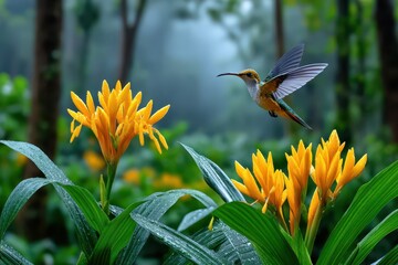 Fototapeta premium A vibrant hummingbird hovers mid-air near bright yellow flowers in a lush green forest, creating a beautiful and natural scene that captures the essence of wildlife.