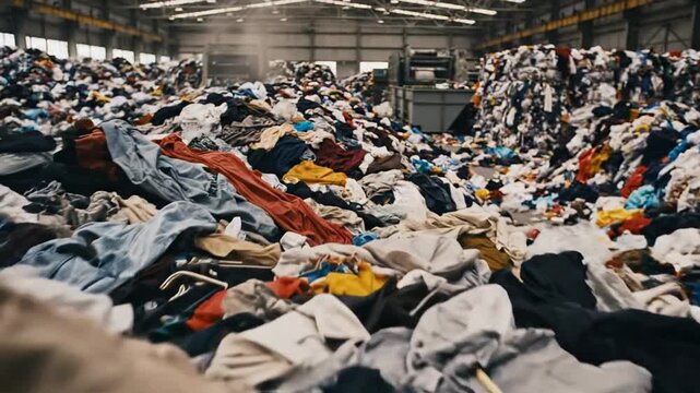 Massive textile piles, recycling process insight, eco-friendly initiatives, Earth Day spotlight, industrial setting