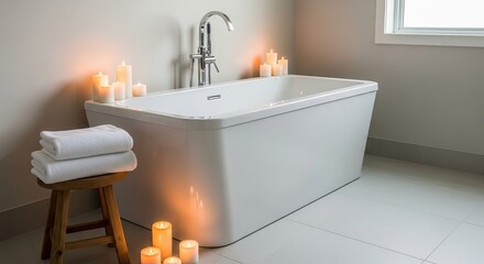 Luxurious white bathtub surrounded by flickering candles and soft towels for a relaxing spa experience