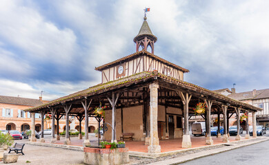 Old medieval market hall in the village of Cologne in Gers, Occitanie, France.