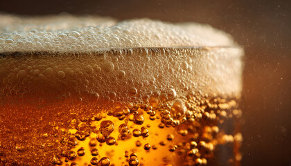 Macro closeup of beer foam and bubbles texture pouring out the glass mug. Concept of freshness, detail, and energy for drink branding, bar promotions, and craft visuals