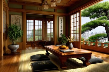 Fototapeta premium An elegant and serene Japanese-style room featuring tatami mats, shoji screens, and a traditional wooden table, with a view of a modern cityscape beyond a lush garden.
