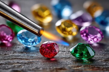 A close-up shot of a selection of colorful gemstones being heated with a torch, showing the vibrant colors and facets, with a focus on craftsmanship and detail.