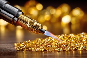 Close-up of a golden blowtorch with a blue flame melting a pile of golden gems, jewels and treasures on a polished wooden surface with golden bokeh background.