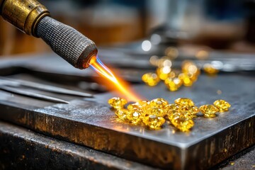 A close-up of a goldsmith using a torch to work on yellow sapphires, creating unique jewelry pieces with precision and skill, showcasing the artistry of fine craftsmanship.