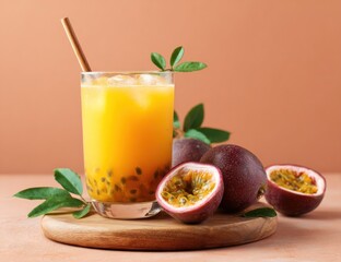 Fototapeta premium Refreshing Passion Fruit Juice with Ice and Fresh Fruit.