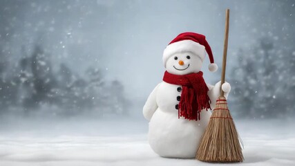 Cheerful snowman wearing red Santa hat and scarf holding broom in snowy winter forest background - Powered by Adobe