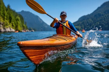 A kayaker paddling a wooden kayak on a beautiful lake surrounded by mountains, enjoying the sunny day, while creating splashes in the clear blue water, a relaxing outdoor activity.