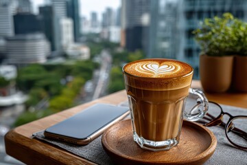 A cup of latte art coffee with a smartphone and glasses on a wooden table against a blurred cityscape, creating a cozy, modern workspace scene with a relaxing vibe.