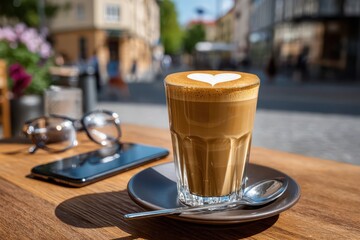 Latte art with heart shape on wooden table in cafe, phone and glasses nearby, providing a cozy and relaxing atmosphere in the city center during a sunny day.