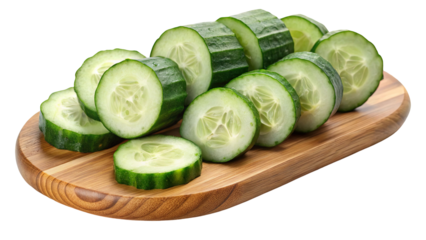 Freshly sliced cucumbers arranged on a wooden board isolated on transparent background