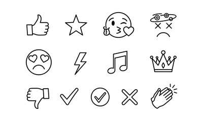 Fototapeta premium Collection of handdrawn line art icons including emojis, a star, a crown, and musical notes