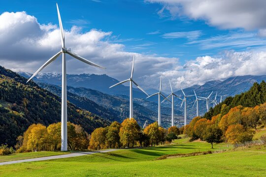 Wind turbines stand tall in a lush, green meadow against a backdrop of scenic mountains, generating clean energy with a clear, blue sky above and colorful autumn trees.