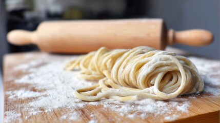 Fresh Homemade Noodles on Floured Wooden Board. Generative AI