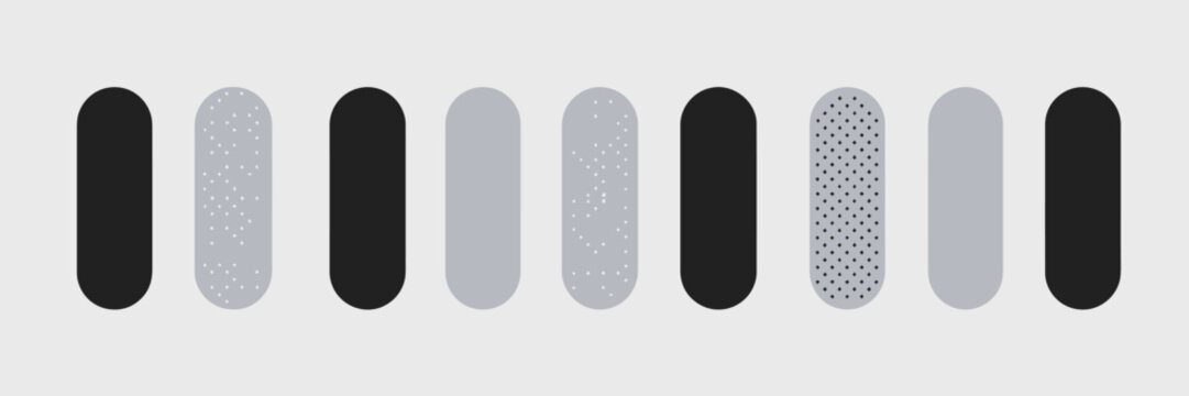 A row of alternating black and gray rounded rectangles with varied textures on a light gray background