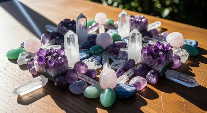 Collection of natural healing crystals and gemstones arranged on a wooden surface with dappled sunlight - Powered by Adobe