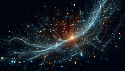 Obraz premium Abstract digital light trails and glowing particles in dark space 