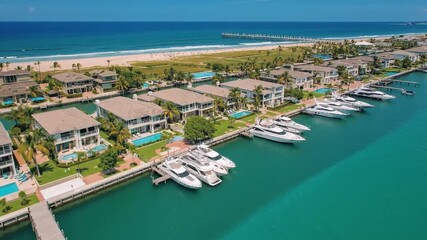 Luxury Coastal Real Estate: Aerial view of modern waterfront villas with private yachts, swimming pools, and direct access to a turquoise canal, sa...