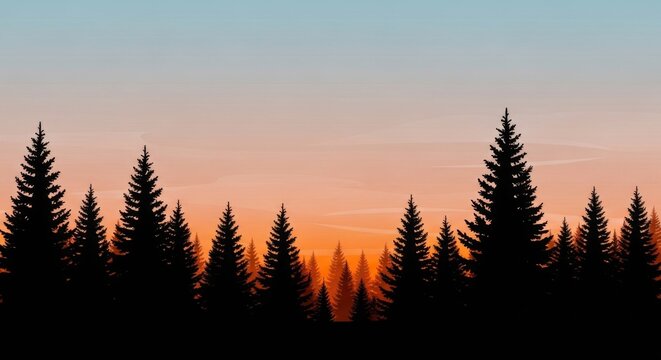 Silhouette of a pine forest against a vibrant sunset or sunrise sky with a gradient of blue and orange hues. - Powered by Adobe