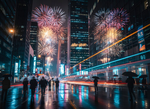 fireworks over illuminated city with person celebrating new year night