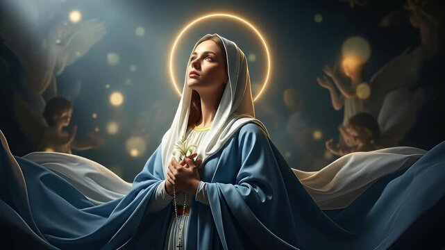 Holy Virgin Mary in blue, gazing devoutly heavenward, prayerful hands holding rosary. Immaculate Conception, December Christian observance, divine light, angelic presence.