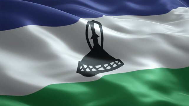 Waving national flag of Lesotho with its distinctive blue, white, and green stripes and the black mokorotlo hat emblem.