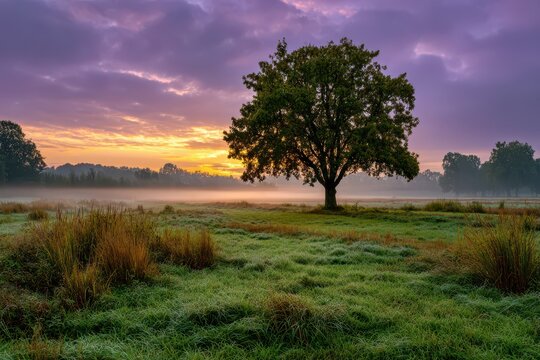 A serene meadow landscape at dawn, featuring a majestic oak tree silhouetted against a colorful, pastel sunrise sky, mist rising over the tranquil fields. - Powered by Adobe