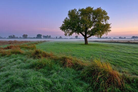 A serene morning landscape featuring a solitary tree standing tall in a misty field, with soft, pastel colors painting the sky during the early dawn hours. Beautiful scenery.