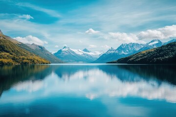 A serene lake perfectly mirrors the majestic snow capped mountains and bright sky.