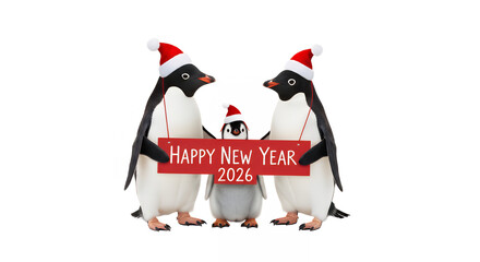 Obraz premium Adorable penguins wishing happy new year 2026 wearing santa hats on transparent background