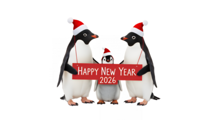 Adorable penguins wishing happy new year 2026 wearing santa hats on transparent background