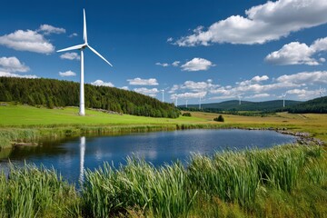 Fototapeta premium Scenic landscape with a lake reflecting wind turbines under a blue sky with scattered clouds, showcasing sustainable energy production in a natural environment.