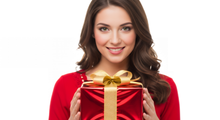 Smiling woman holding a beautifully wrapped red and gold gift box for christmas on transparent background