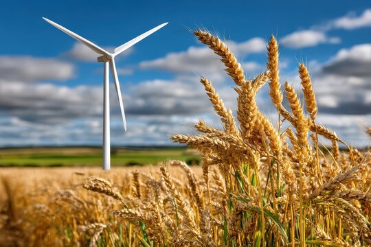 Wheat field with wind turbine under blue sky and clouds, depicting renewable energy source for agriculture and sustainable farm practices in harmony with nature. - Powered by Adobe