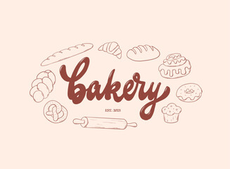 Bakery lettering quoite decorated with monochrome doodles for logos, prints, banners, cards, posters, social media, product packsaing, etc. EPS 10