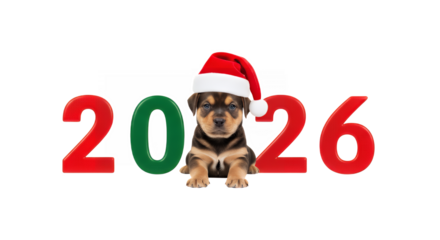 Cute puppy wearing santa hat sitting between the numbers 2026 on transparent background