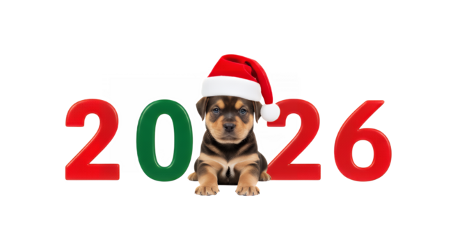 Cute puppy wearing santa hat sitting between the numbers 2026 on transparent background