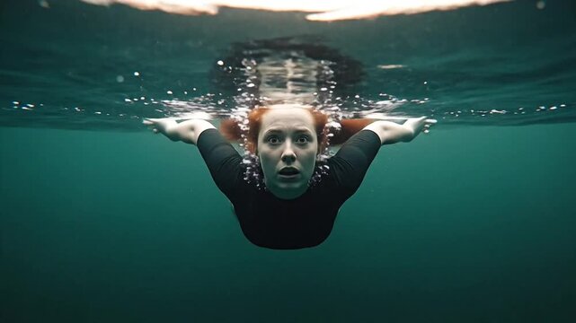 Startled Red-Haired Woman Submerged in Deep Water, Looking Up with Wide, Anxious Eyes Towards the Surface, Evoking Fear and Vulnerability