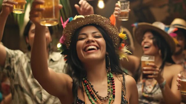 Joyful revelers toasting amber beverages, exuding happiness at a vibrant Spanish-inspired evening gathering, celebrating togetherness.